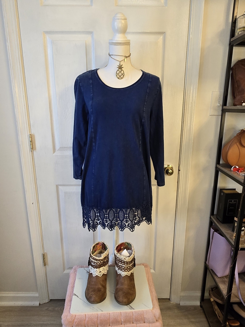 Coldwater Creek Navy Long Sleeve Tunic Dress Crochet Hem Boho Med Denim Look